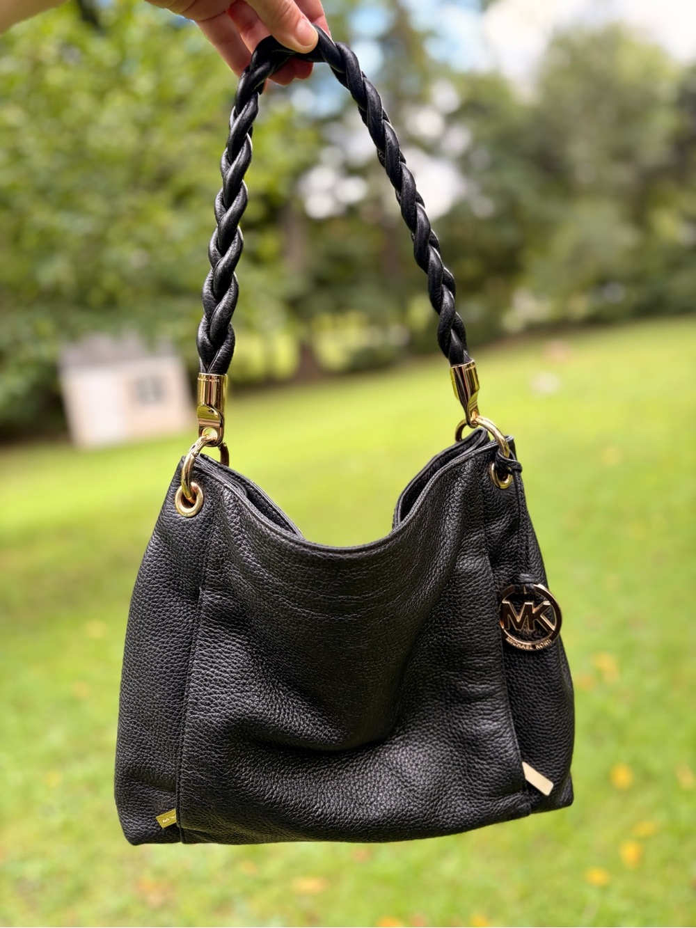 Rare Vintage Michael Kors Black & Gold Leather Hobo Bag Braided Handle Front Zip